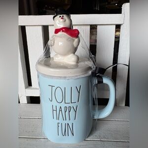 Rae Dunn Light Blue Jolly Happy Fun Mug with Snowman Lid
